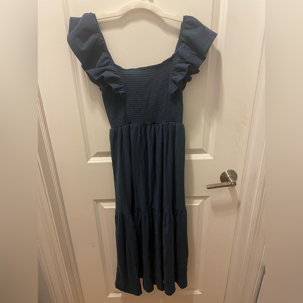 Anthropologie Nation Los Angeles Elegant Navy Blue Ruffle Dress